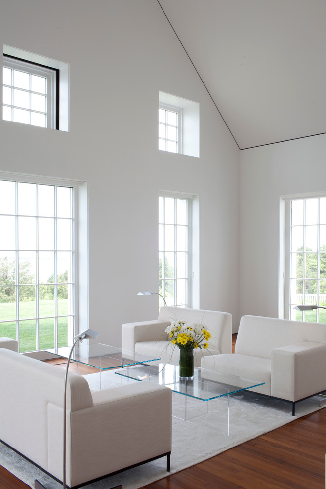 Immagine di un ampio soggiorno minimal aperto con sala formale, pareti bianche e parquet scuro