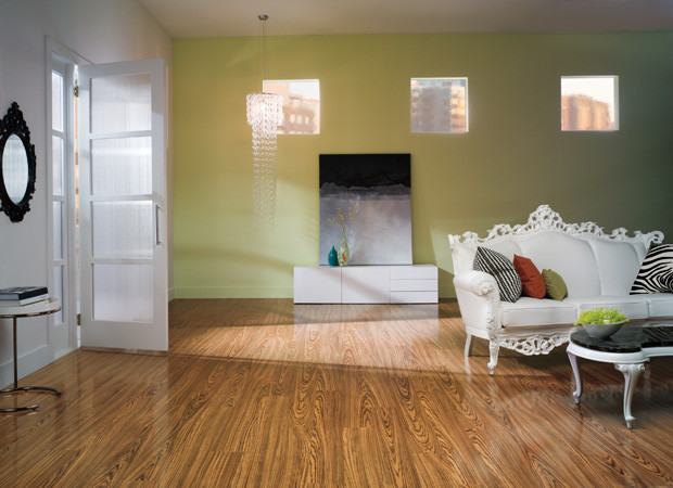 Kleines Klassisches Wohnzimmer mit gelber Wandfarbe und braunem Holzboden in Portland Maine