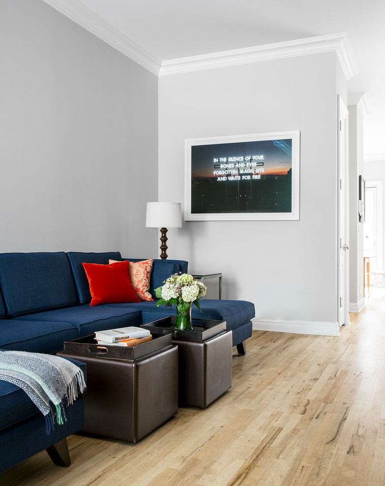 Mittelgroßes, Offenes Klassisches Wohnzimmer mit grauer Wandfarbe, hellem Holzboden und Multimediawand in New York