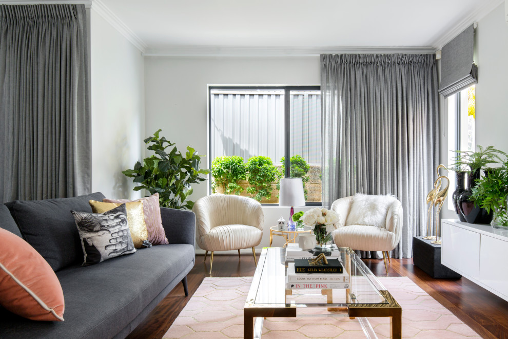 Contemporary living room in Perth with grey walls, dark hardwood flooring and brown floors.