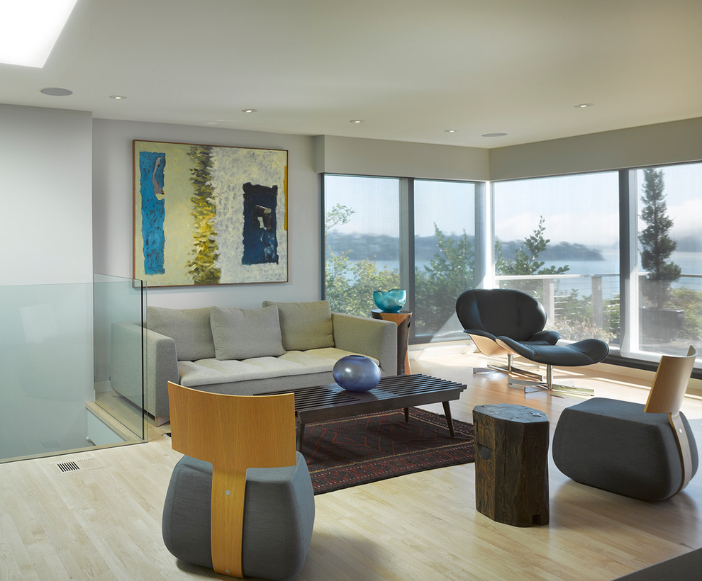 Mittelgroßes, Repräsentatives Modernes Wohnzimmer im Loft-Stil mit grauer Wandfarbe, hellem Holzboden und beigem Boden in San Francisco
