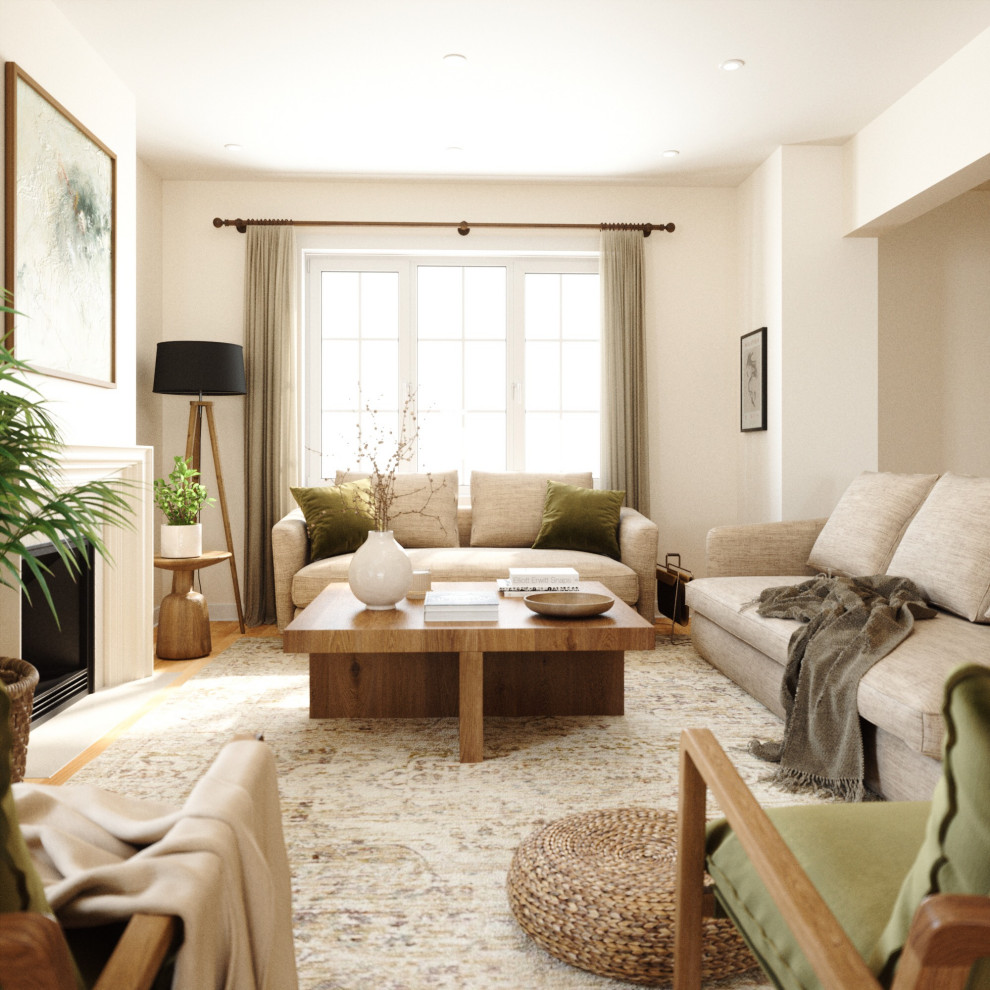 Idée de décoration pour un salon tradition avec un mur blanc, un sol en bois brun et un sol marron.