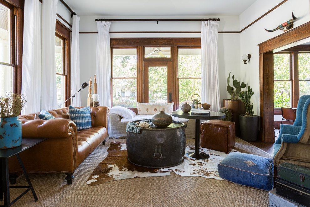 Living room - mid-sized eclectic formal and enclosed carpeted and beige floor living room idea in Houston with white walls