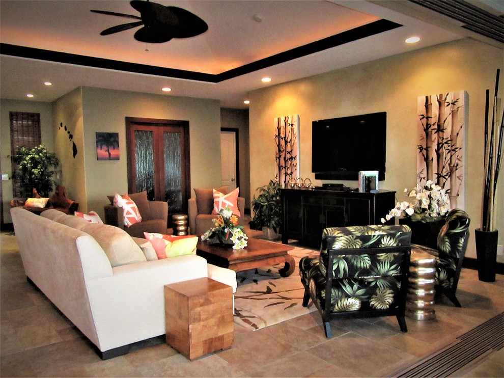 Example of an island style living room design in Portland
