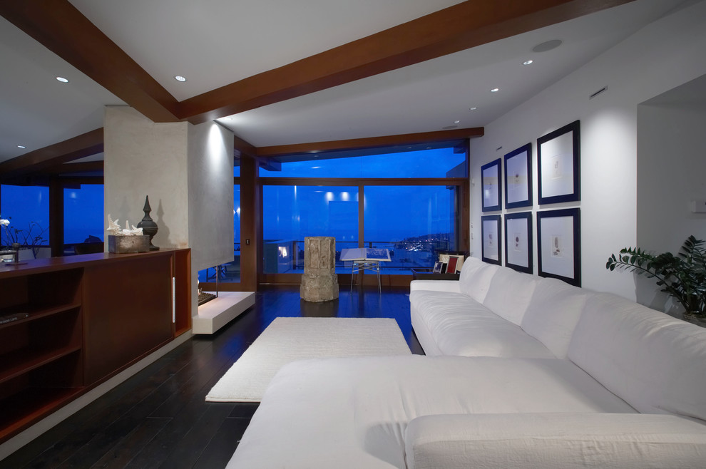 Foto di un soggiorno contemporaneo con pareti bianche, parquet scuro e camino ad angolo