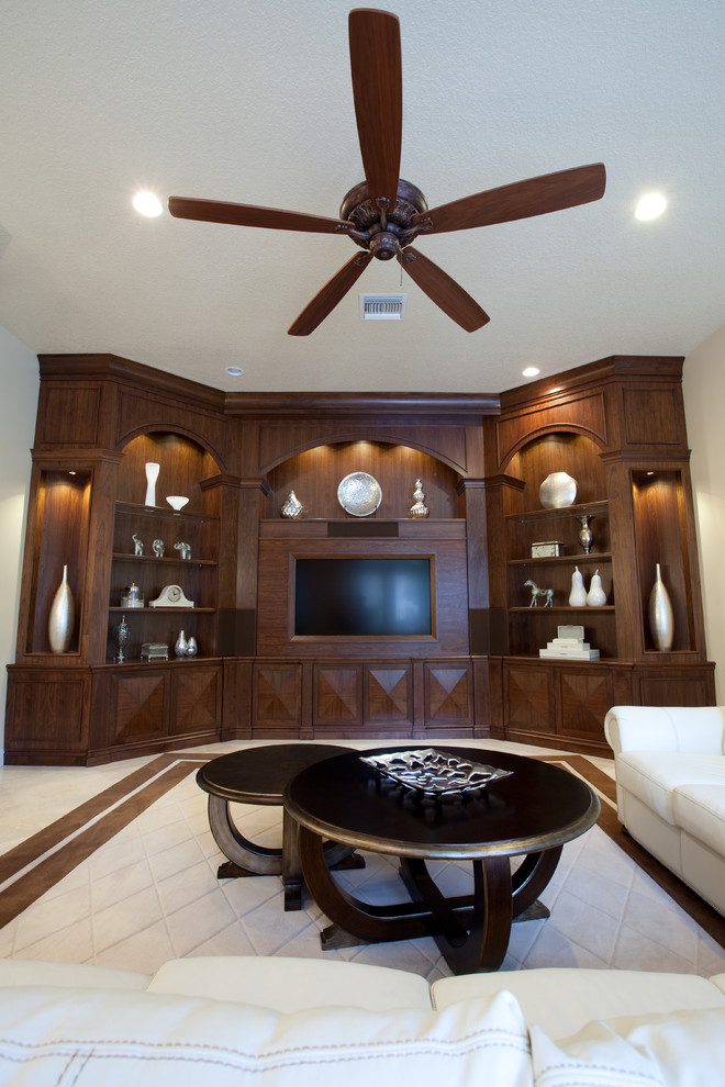 Large elegant formal and enclosed ceramic tile and beige floor living room photo in Miami with white walls and a media wall