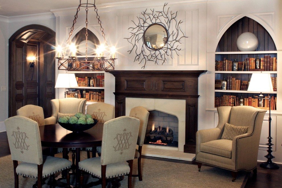 Mid-sized transitional open concept dark wood floor living room library photo in Atlanta with white walls and a standard fireplace