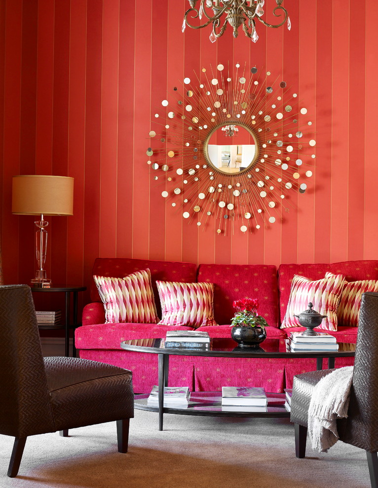 Свежая идея для дизайна: парадная, изолированная гостиная комната среднего размера в классическом стиле с красными стенами, ковровым покрытием и серым полом без камина, телевизора - отличное фото интерьера