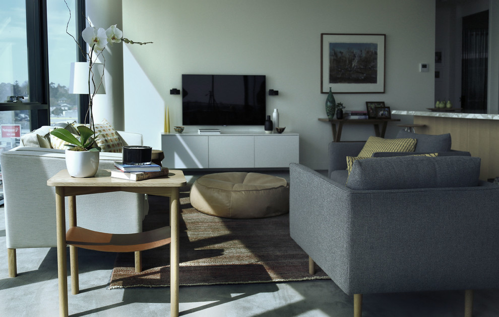 Idee per un soggiorno moderno di medie dimensioni con pareti bianche, TV a parete, angolo bar e moquette