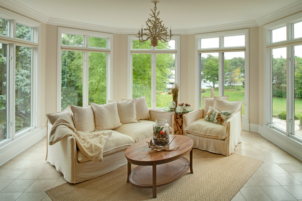 Mid-sized beach style living room photo in Chicago with beige walls