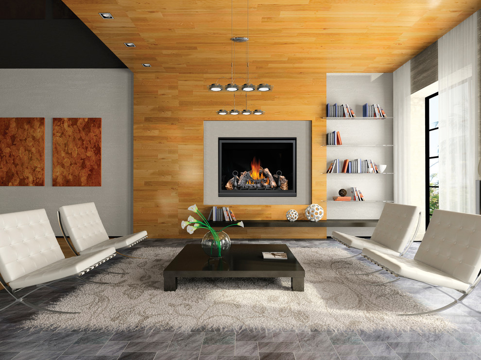 Mittelgroßes, Fernseherloses, Abgetrenntes Modernes Wohnzimmer mit weißer Wandfarbe, Gaskamin, Kaminumrandung aus Holz, Keramikboden und grauem Boden in Toronto