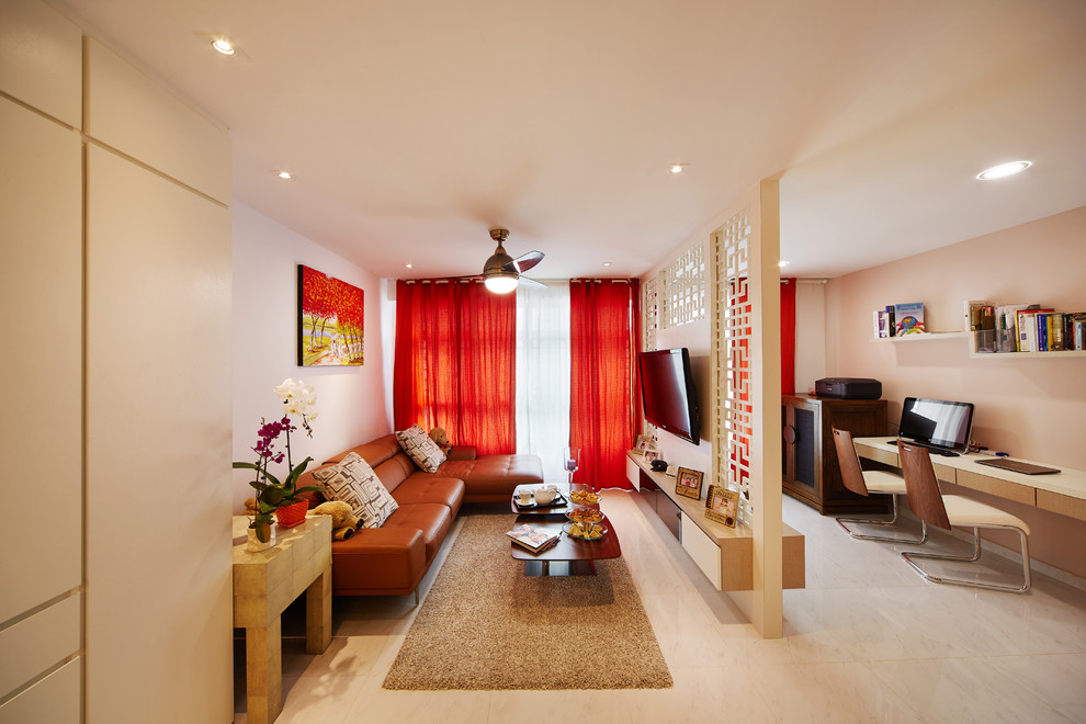 На фото: гостиная комната среднего размера в восточном стиле с домашним баром, мраморным полом, телевизором на стене и бежевыми стенами с