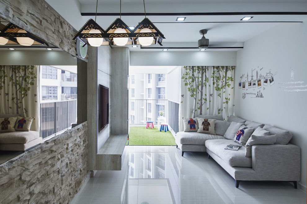 Living room - mid-sized scandinavian open concept ceramic tile living room idea in Singapore with white walls and a wall-mounted tv