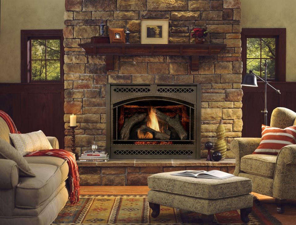 Example of a classic open concept light wood floor living room design in Minneapolis with beige walls, a standard fireplace and a stone fireplace