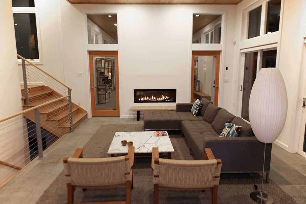 Стильный дизайн: гостиная комната в современном стиле с белыми стенами и двусторонним камином - последний тренд
