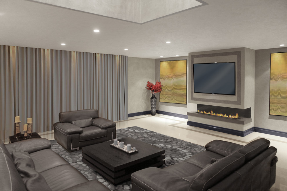 This is an example of a large traditional enclosed living room in Los Angeles with grey walls, ceramic flooring, a ribbon fireplace, a wall mounted tv, a stone fireplace surround and white floors.