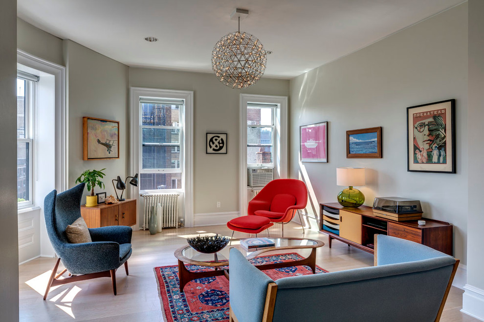 Inspiration for a contemporary living room remodel in New York with gray walls