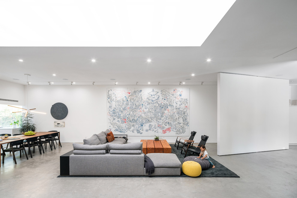 Ejemplo de salón abierto moderno con paredes blancas, suelo de cemento y suelo gris