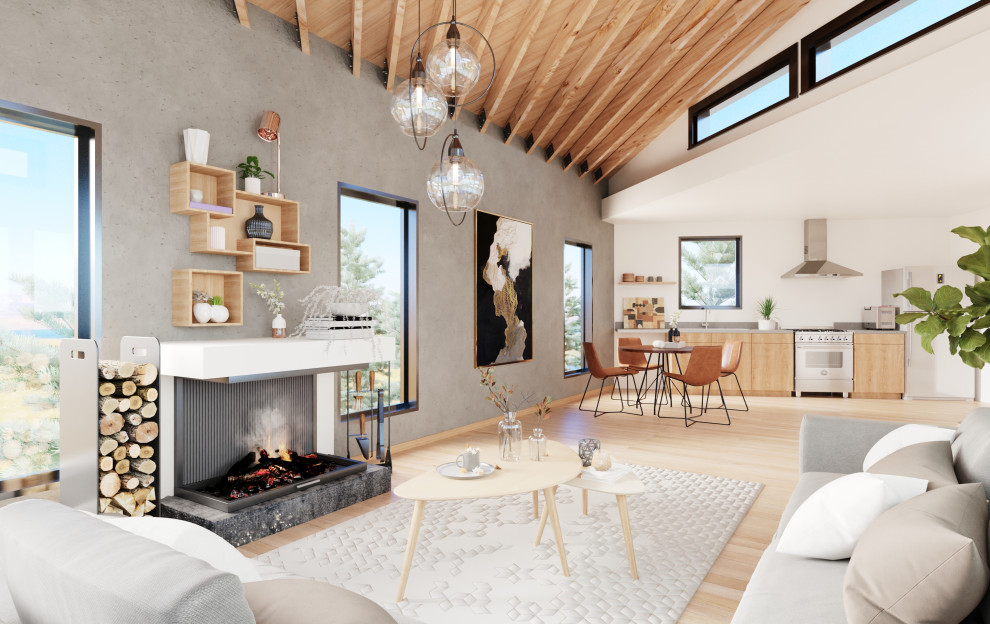 Bild på ett litet funkis loftrum, med en hemmabar, grå väggar, bambugolv, en standard öppen spis, en spiselkrans i betong och beiget golv