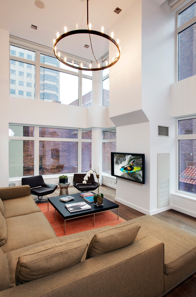 High Ceiling With Circular Chandelier Contemporary Living Room New York By Electronics Design Group Inc Houzz - How To Reach High Ceiling Chandelier
