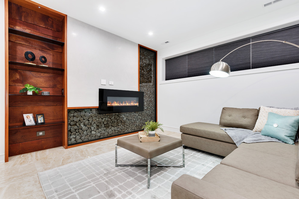 Foto de salón para visitas cerrado contemporáneo sin televisor con paredes blancas, chimenea lineal y suelo beige