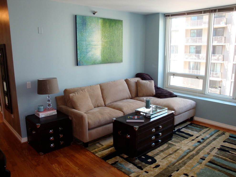 Photo of a small contemporary open plan living room in Chicago with blue walls and medium hardwood flooring.