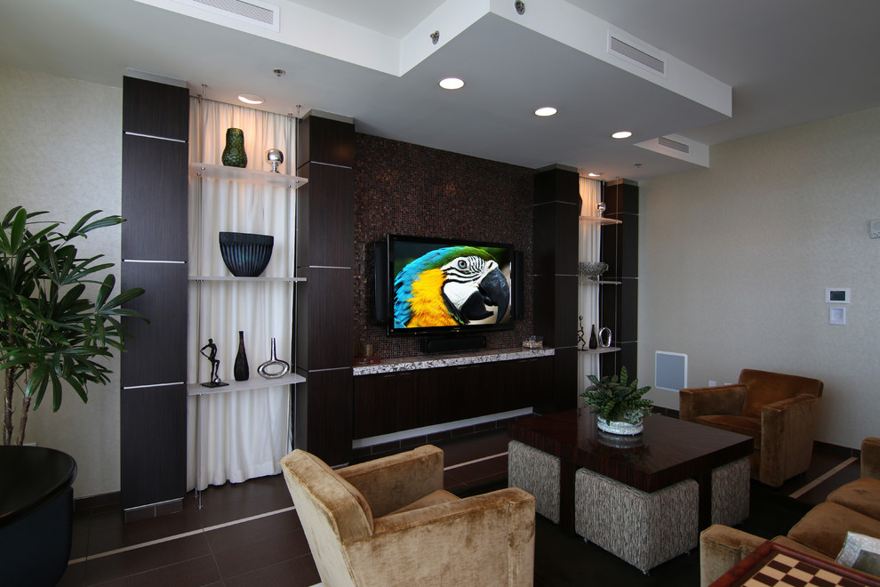 Photo of a medium sized contemporary open plan living room in Atlanta with a home bar, white walls, porcelain flooring, no fireplace, a wall mounted tv and brown floors.