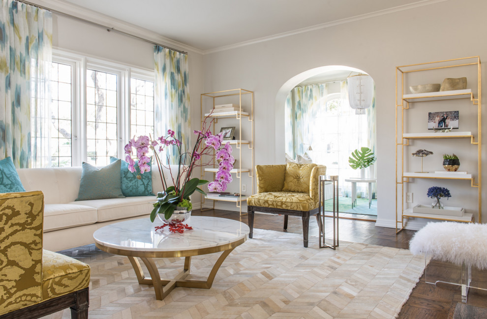 Photo of a classic formal enclosed living room in Dallas with white walls and dark hardwood flooring.