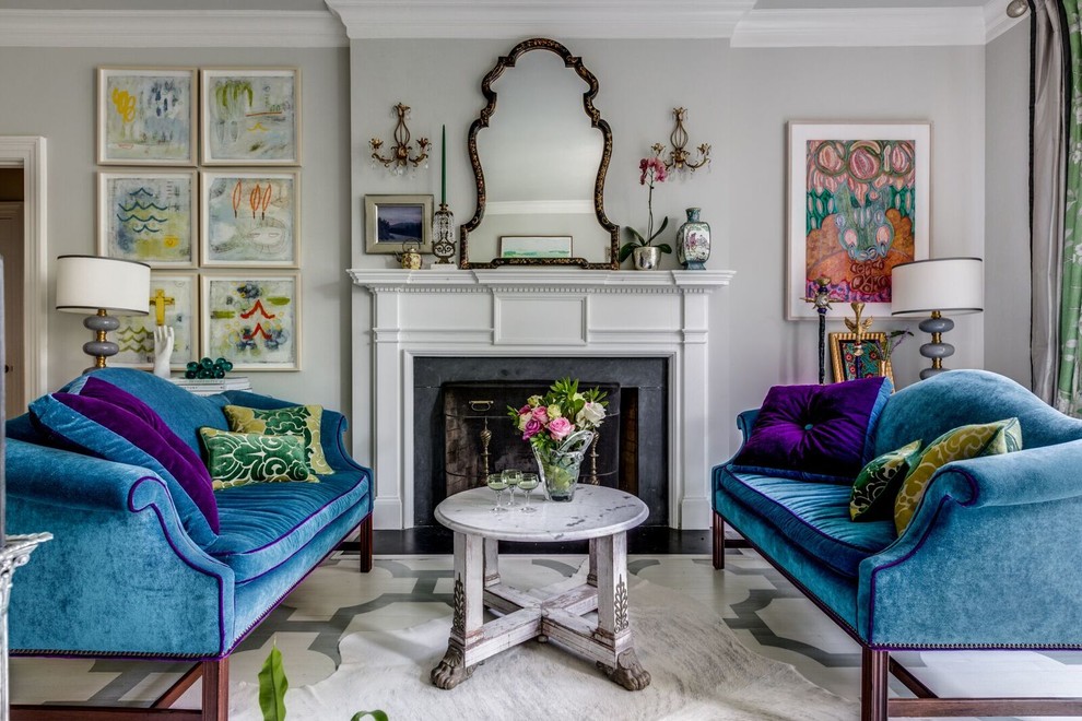 Example of an eclectic formal painted wood floor and multicolored floor living room design in Richmond with gray walls, a standard fireplace and a stone fireplace