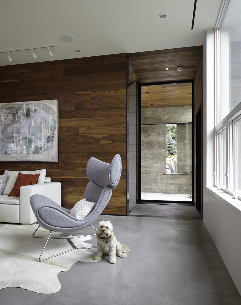 Idee per un soggiorno design con pavimento in cemento e pareti bianche