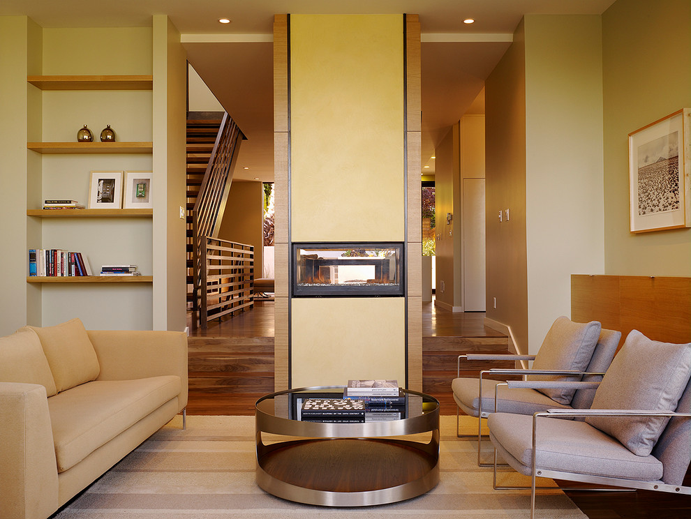 Design ideas for a contemporary living room in San Francisco with a two-sided fireplace.