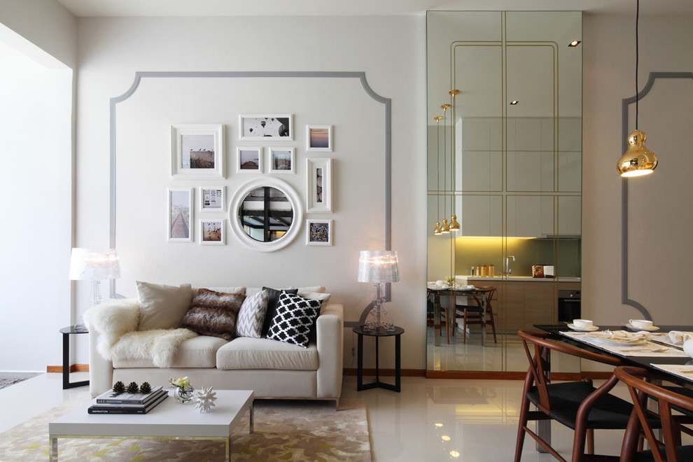 Пример оригинального дизайна: парадная гостиная комната в современном стиле с белыми стенами