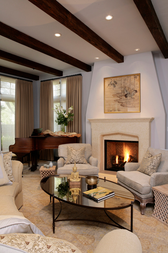 Design ideas for a large traditional formal enclosed living room in San Francisco with white walls, carpet, a standard fireplace, a stone fireplace surround and no tv.