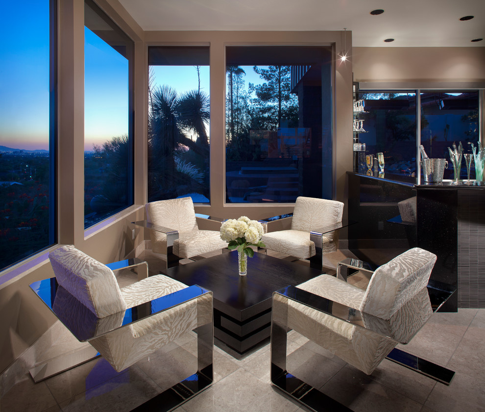 Example of a mid-sized trendy formal and open concept ceramic tile and beige floor living room design in Phoenix with beige walls, no fireplace and no tv