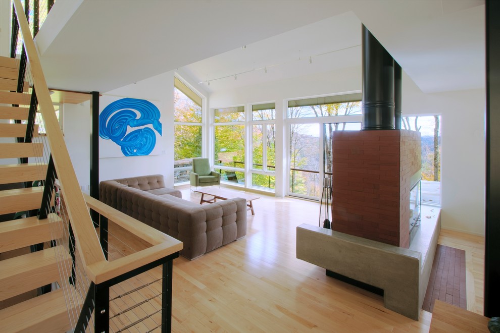 Идея дизайна: гостиная комната в стиле модернизм с белыми стенами и двусторонним камином