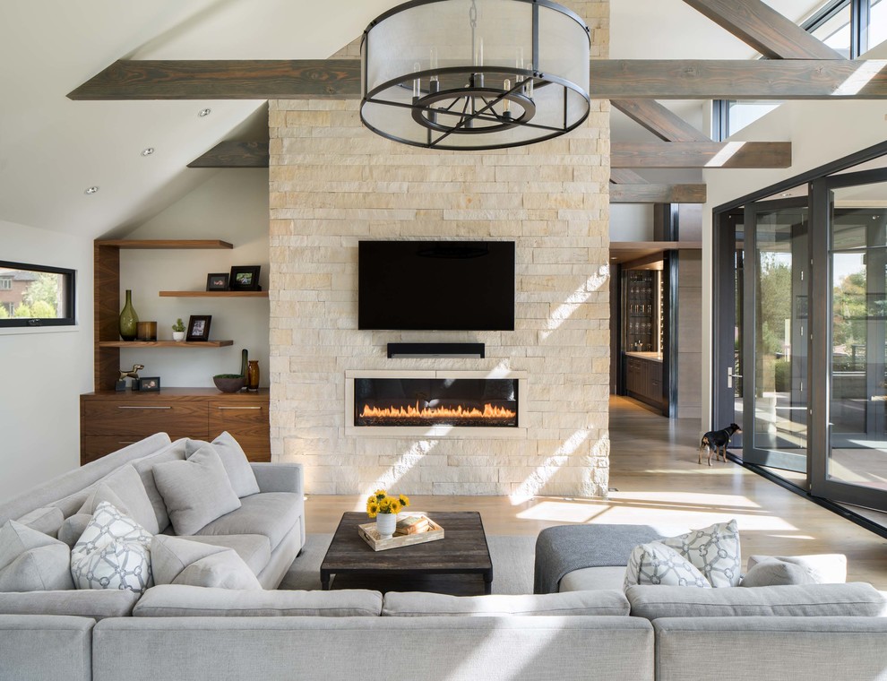Living room - country light wood floor living room idea in Denver with white walls, a ribbon fireplace and a wall-mounted tv