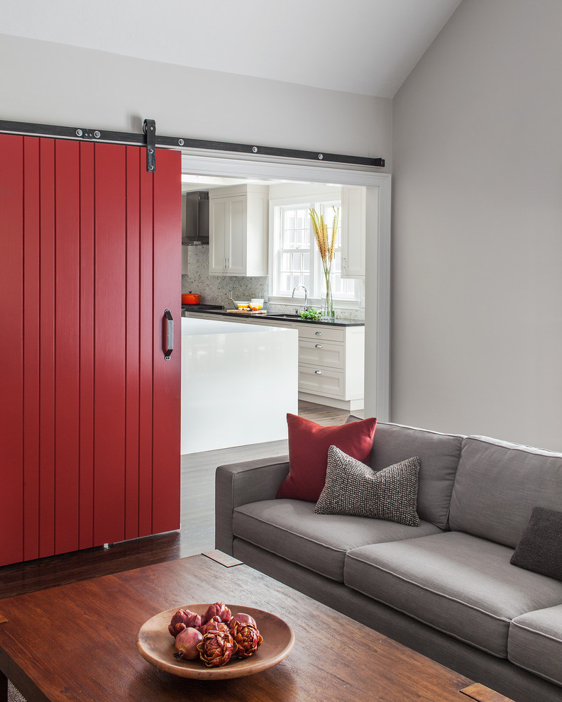 Example of a trendy enclosed living room design in Boston with gray walls