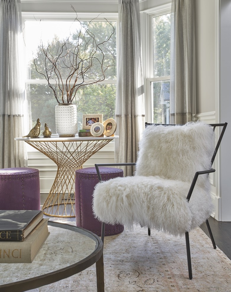 Medium sized vintage formal open plan living room with grey walls, dark hardwood flooring, no fireplace and no tv.