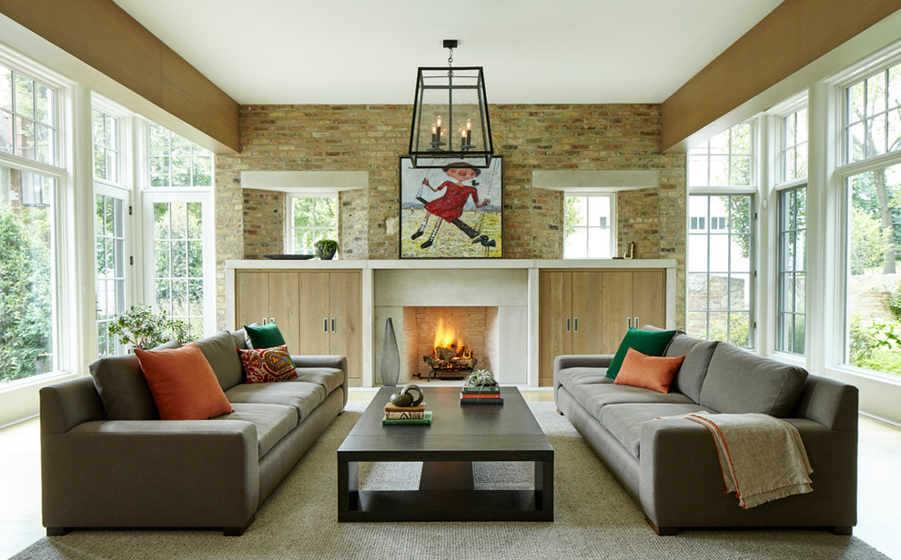 Photo of an expansive contemporary formal open plan living room in Chicago with a standard fireplace and a concrete fireplace surround.