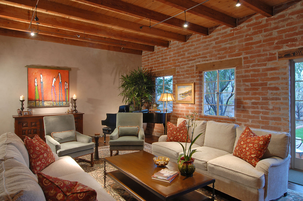 Example of a mid-sized classic formal and open concept living room design in Phoenix with red walls