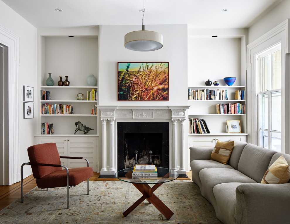 Inspiration for a midcentury living room in DC Metro with a reading nook and cork flooring.