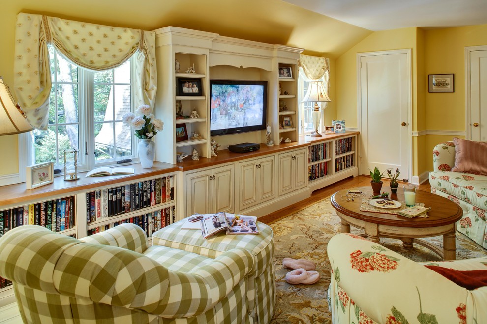 Photo of a medium sized traditional enclosed living room in New York with yellow walls, carpet, no fireplace, a built-in media unit and multi-coloured floors.
