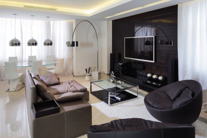 Immagine di un grande soggiorno moderno con pavimento con piastrelle in ceramica e parete attrezzata