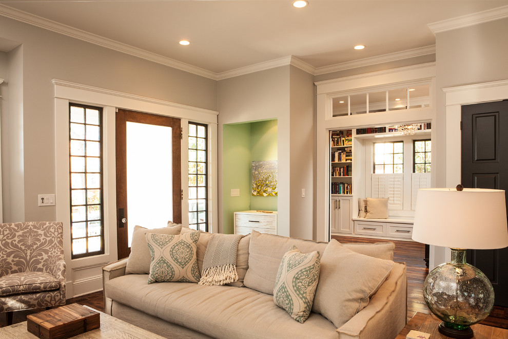 Elegant enclosed living room photo in Atlanta with gray walls