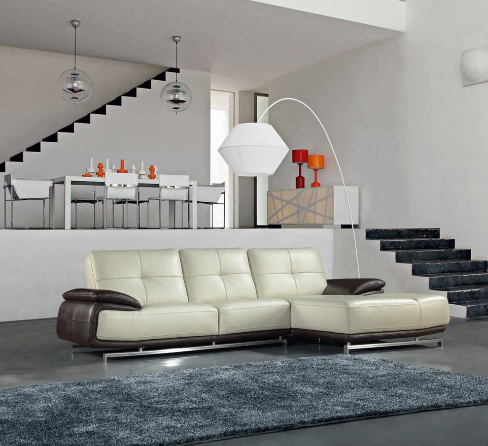 hite and Brown Top Grain Italian Leather Sectional Sofa with Chaise