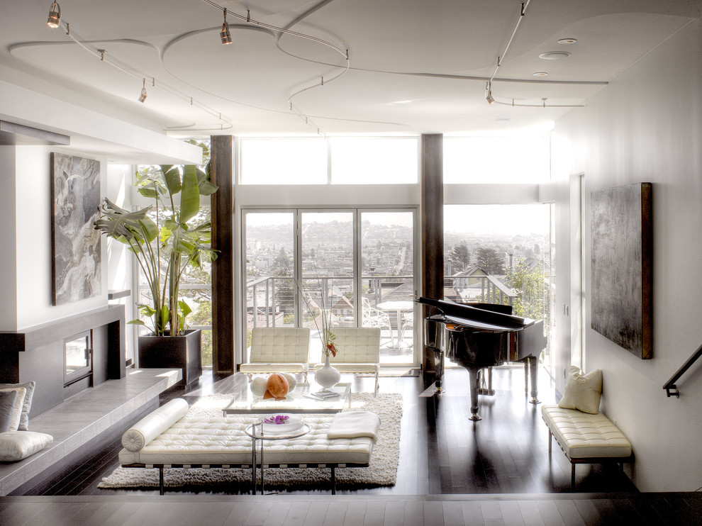 Photo of a modern living room in San Francisco with a music area.