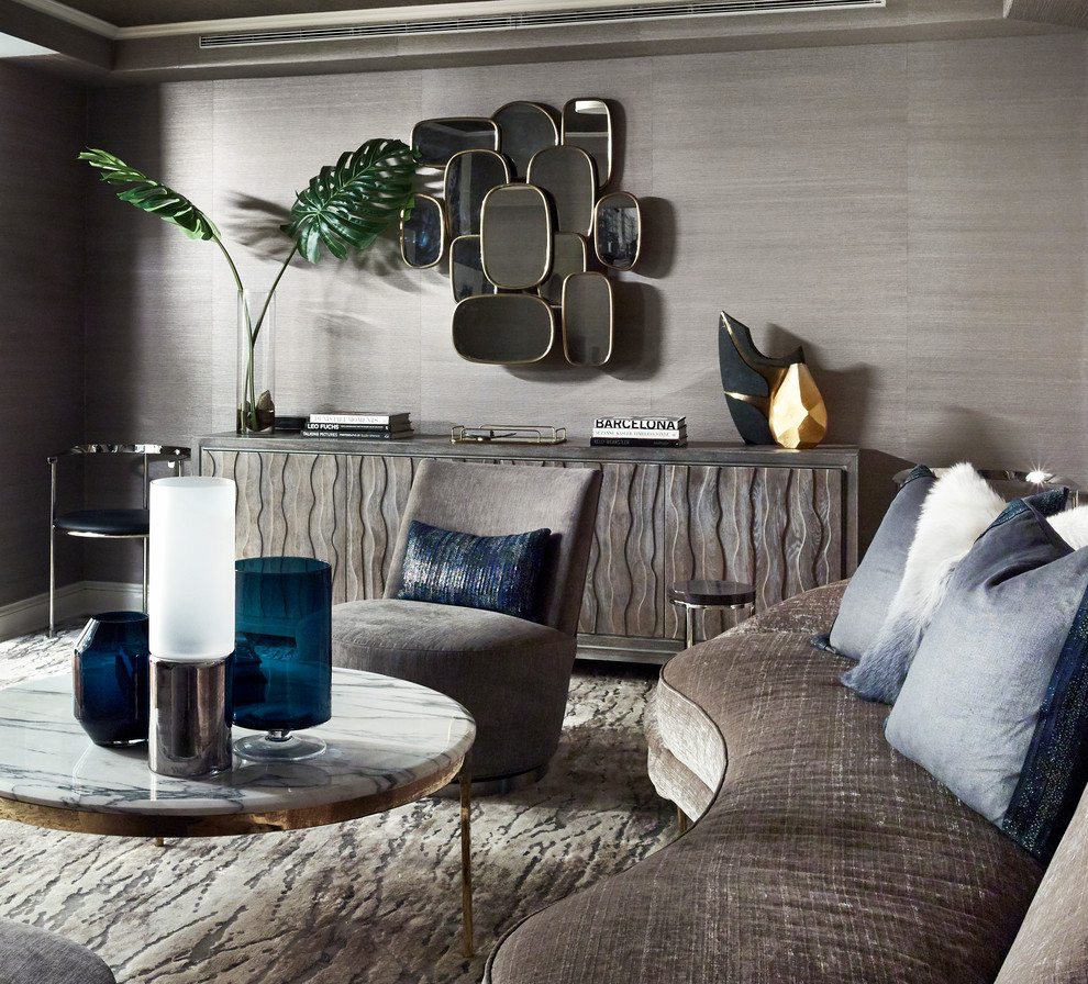 Mid-sized trendy enclosed and formal carpeted and gray floor living room photo in New York with gray walls, no fireplace and no tv