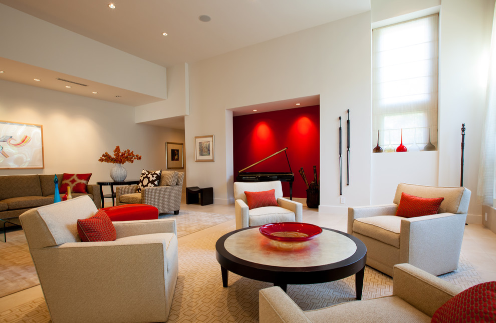 Inspiration for a contemporary living room remodel in Dallas with a music area and white walls