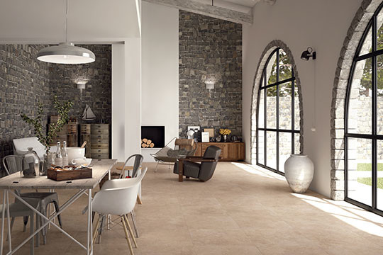 Esempio di un grande soggiorno design chiuso con pavimento in gres porcellanato