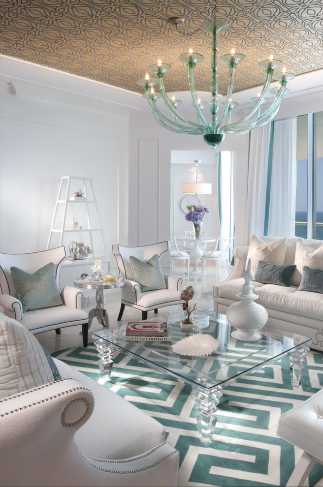 Trendy living room photo in Miami with white walls